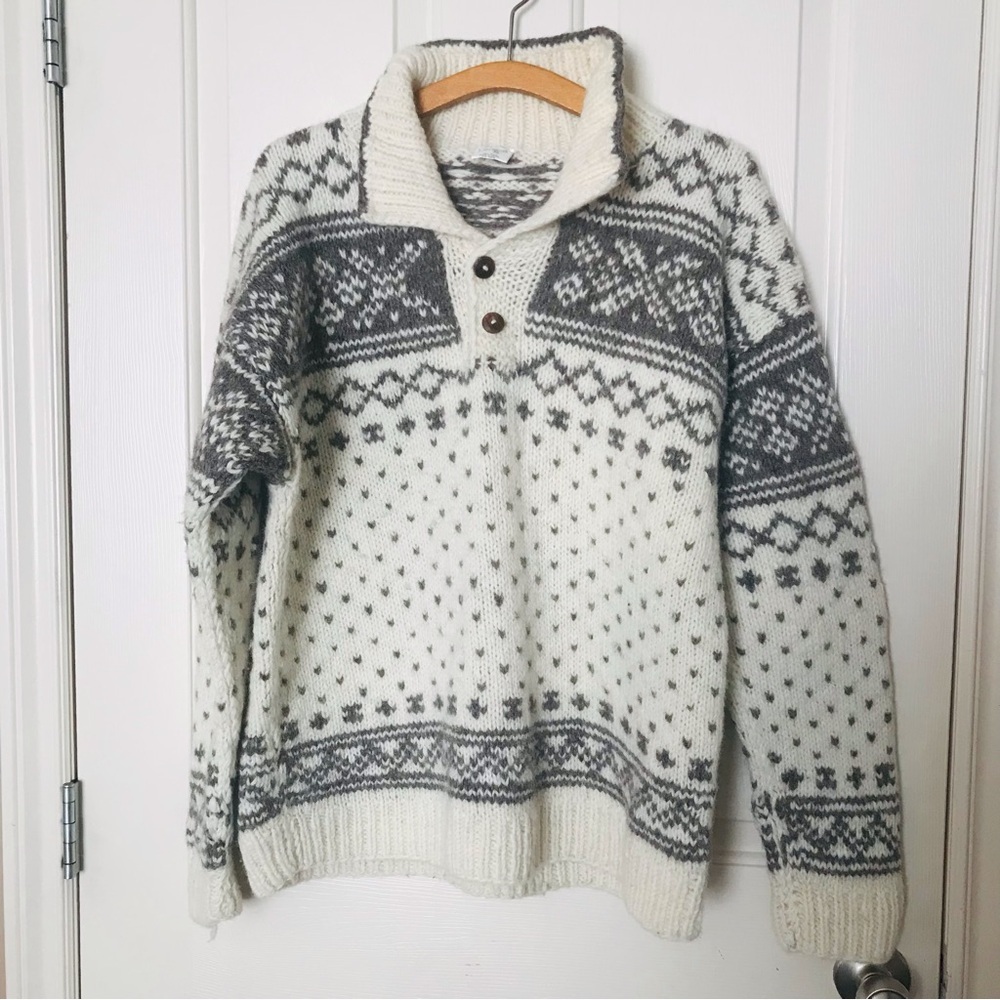 Lorenzi 100%Wool Chunky Gray and White Knit Sweater Size XL